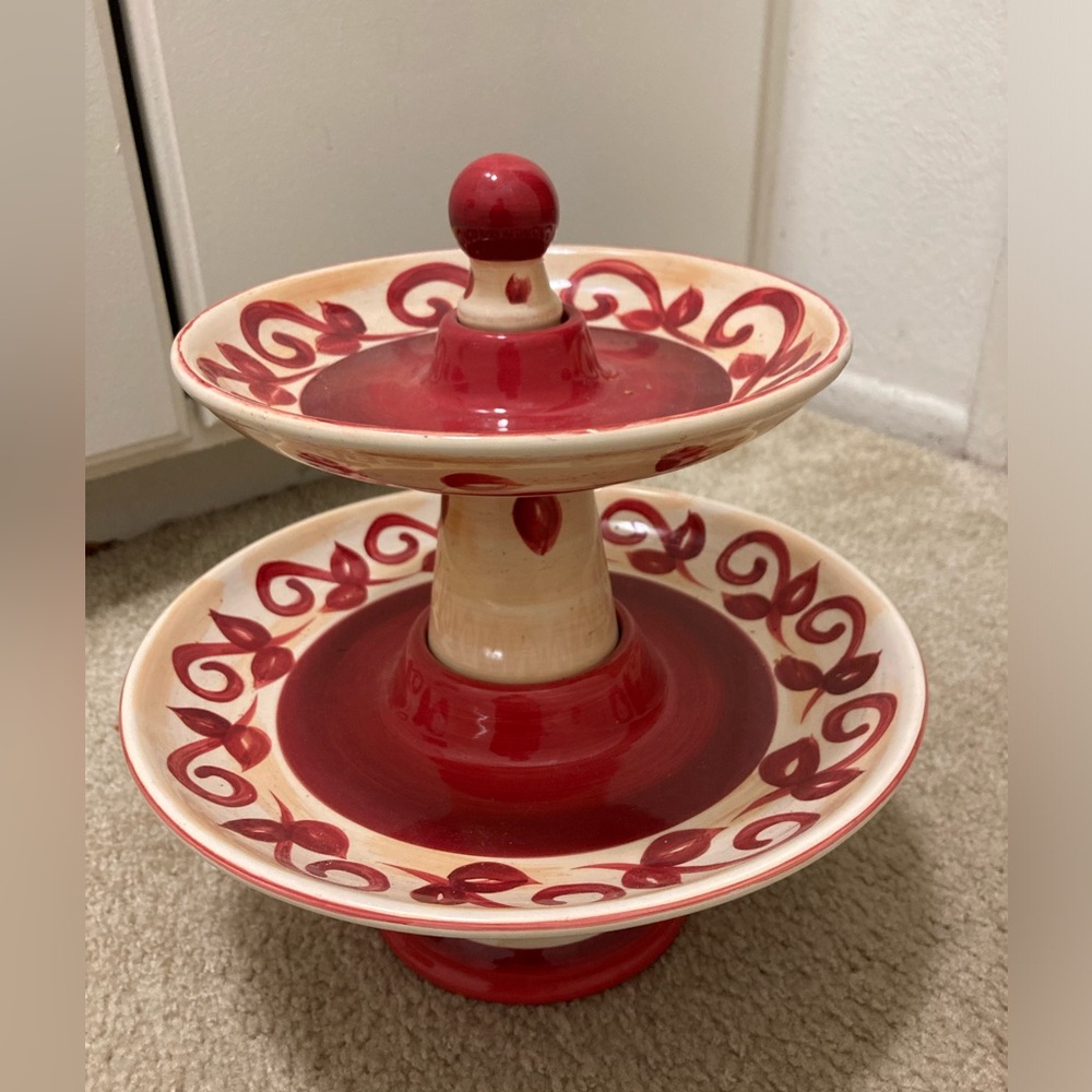 Pier 1 hand painted earthenware two tier dessert stand